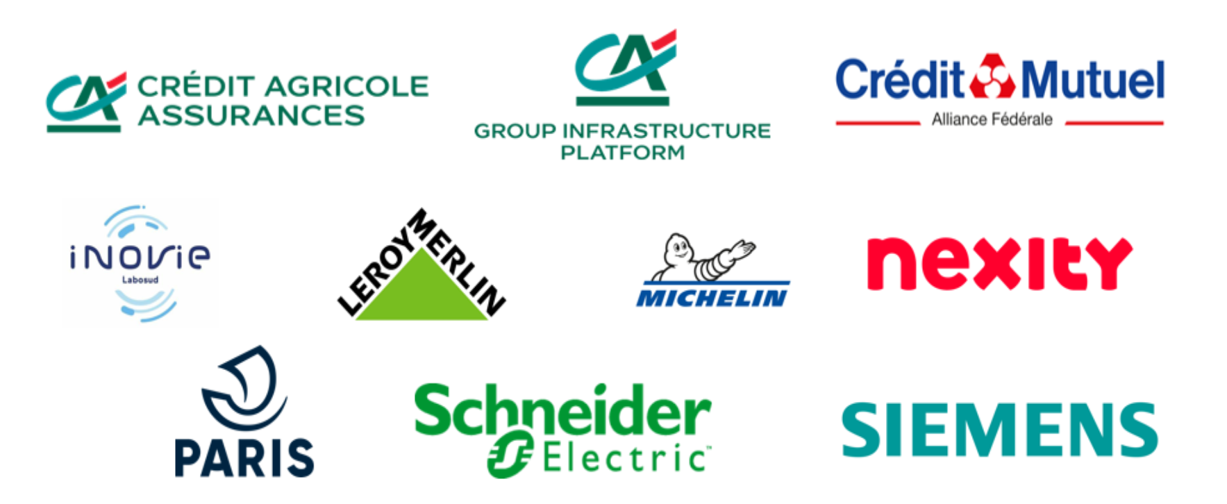 Logo des organisations participantes Crédit Agricole Assurances, CA Group Infrastructure Platform, Crédit Mutuel, Inovie, Leroy Merlin, Michelin, Nexity, Ville de Paris, Schneider Electric, Siemens